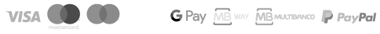 Métodos de pagamento aceites: Visa, Mastercard, Google Pay, MB Way, Multibanco e PayPal